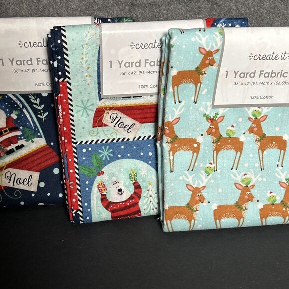 Create It 100% Cotton Fabric Assorted Lot Of 3 36”x 42” Christmas Santa Reindeer - Picture 2 of 8